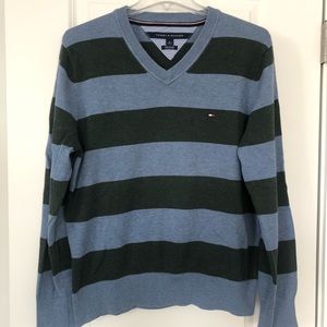 Tommy Hilfiger V-neck Sweater Striped Olive and Blue Pima Cotton size M